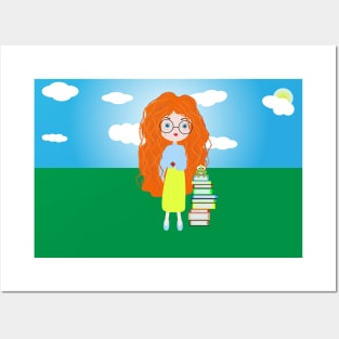 girl and books illustration, Posters and Art